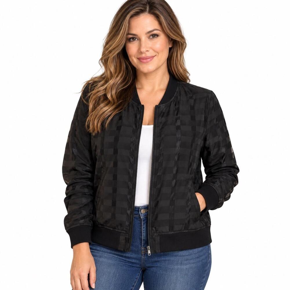 Zara Jacket Womens Large Black Sheer Check Mesh Bomber Zip Front Lightweight